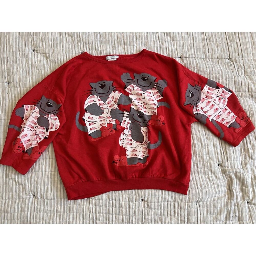 Vintage 80s 90s Red AMAZING SCARAB CAT AND MICE Sweatshirt Sweater
